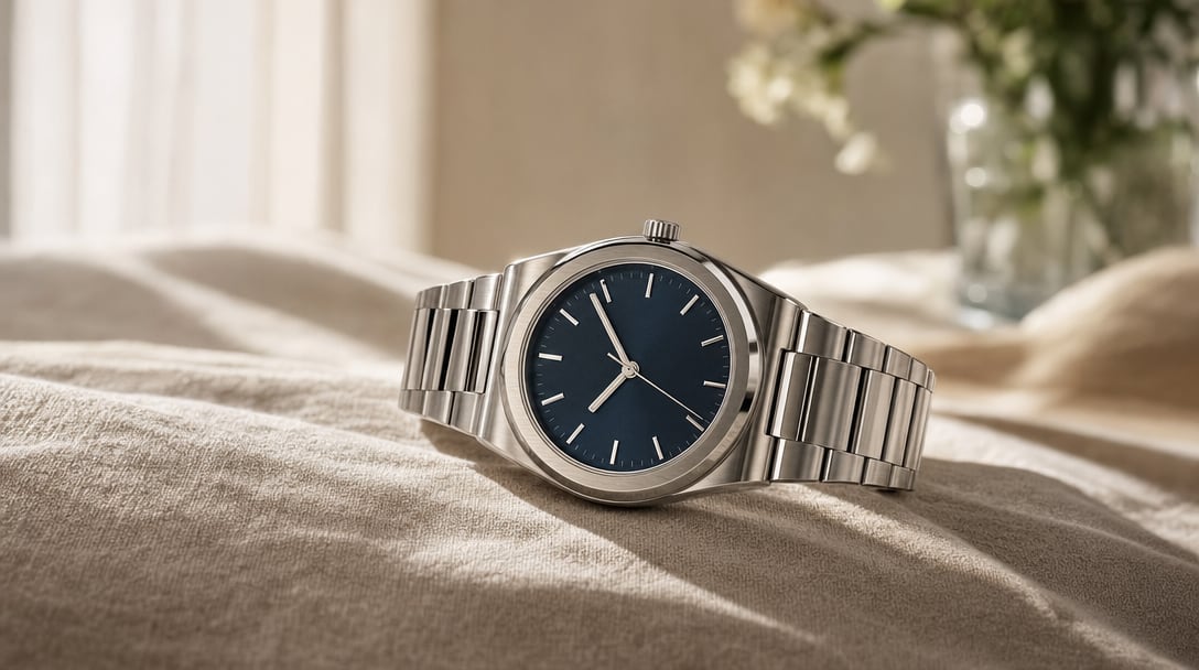 An elegant luxury automatic wristwatch resting on a warm linen surface in soft daylight