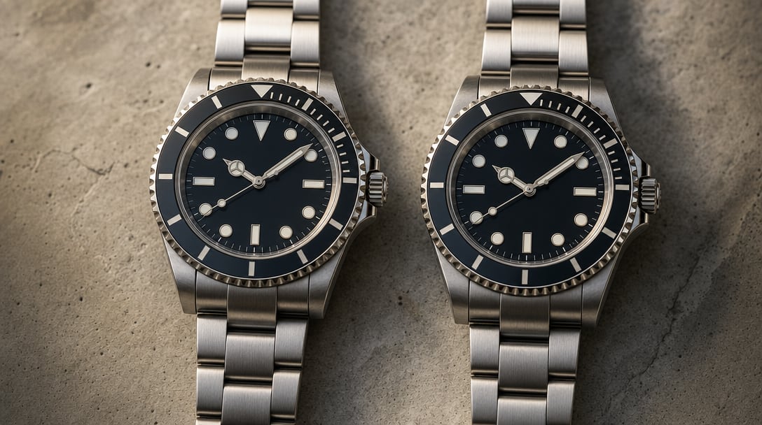 Two near-identical luxury dive watches photographed side by side on a neutral surface