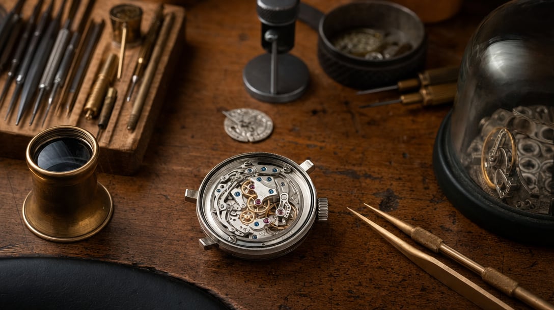 A watchmaker's bench with tools, a loupe and a disassembled mechanical movement in warm light