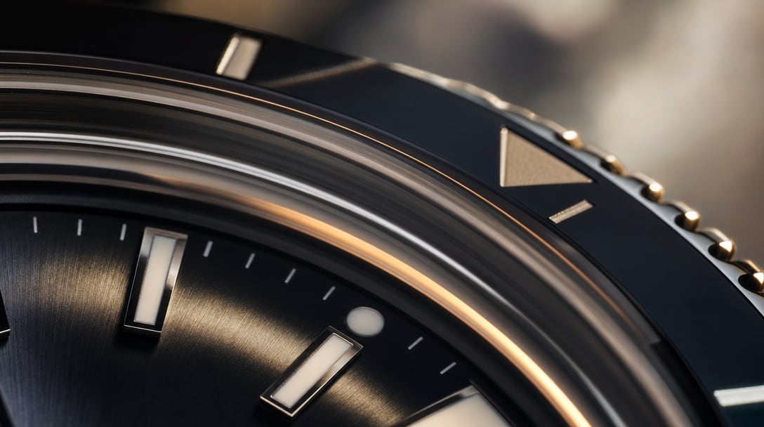 Macro close-up of a ceramic watch bezel and sapphire crystal catching the light